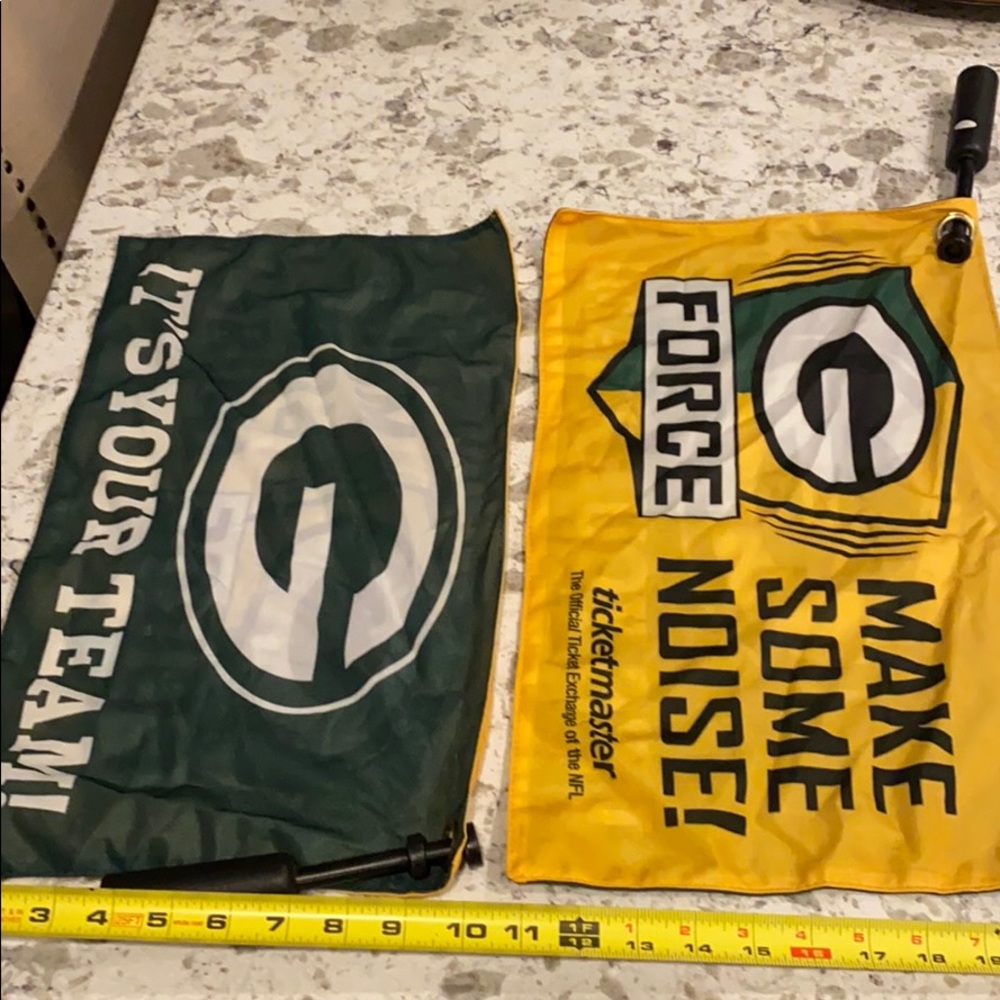 Green Bay Packers celebration flags.